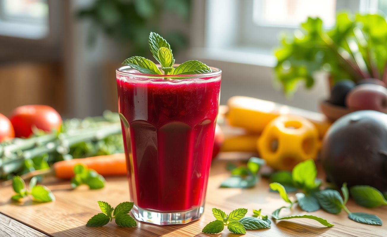 Copo de suco de beterraba e cenoura natural, cor roxa intensa, decorado com folhas de hortelã frescas e gelo