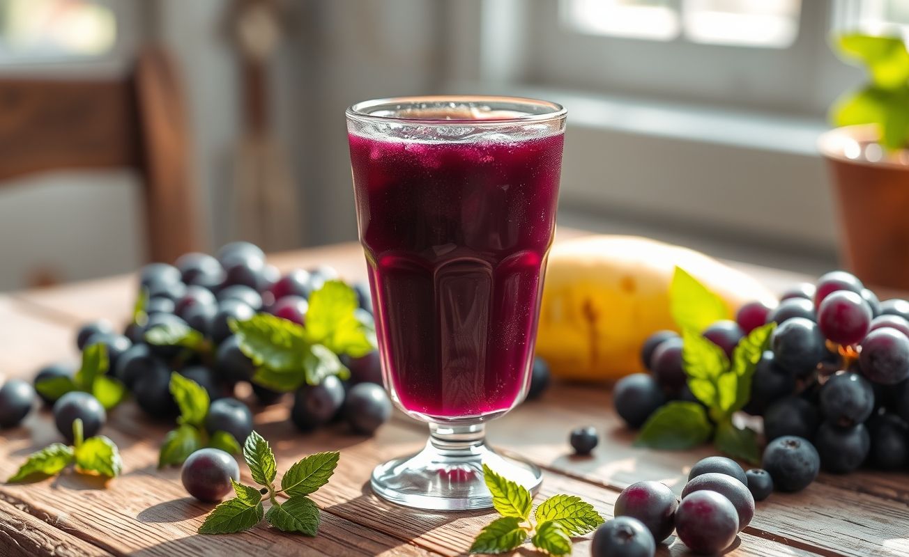Copo transparente com suco de uva integral roxo escuro, decorado com uvas inteiras e folhas de hortelã frescas ao redor