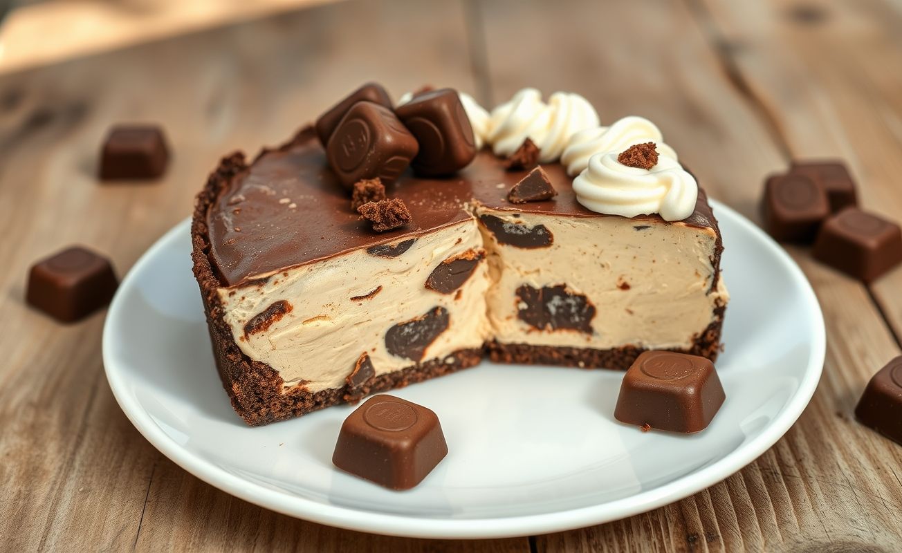 Fatia de torta gelada de bis com 3 ingredientes mostrando camadas cremosas e pedaços de chocolate, decorada com bis inteiros
