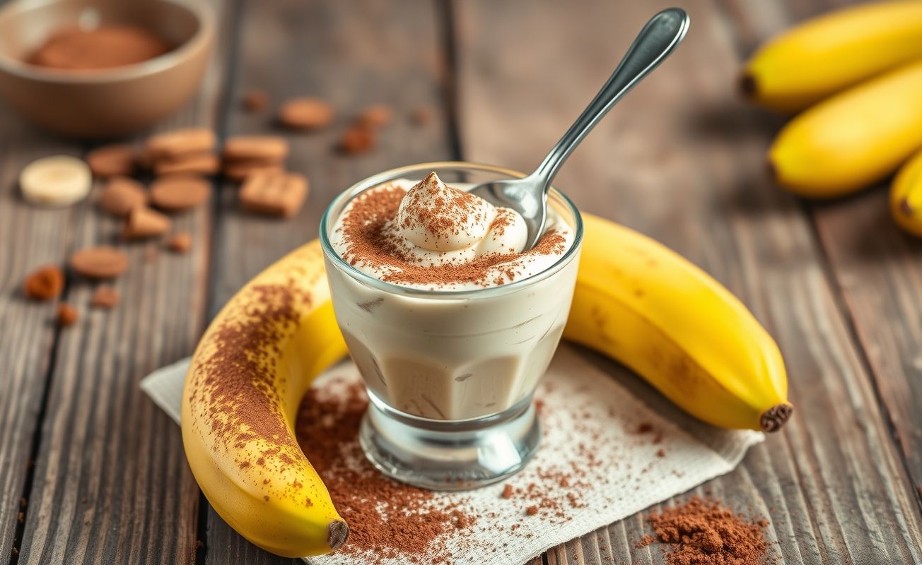 Banana Bariatrica 3 Ingredientes servida em taça, com textura cremosa e cacau em pó por cima, acompanhada de bananas frescas