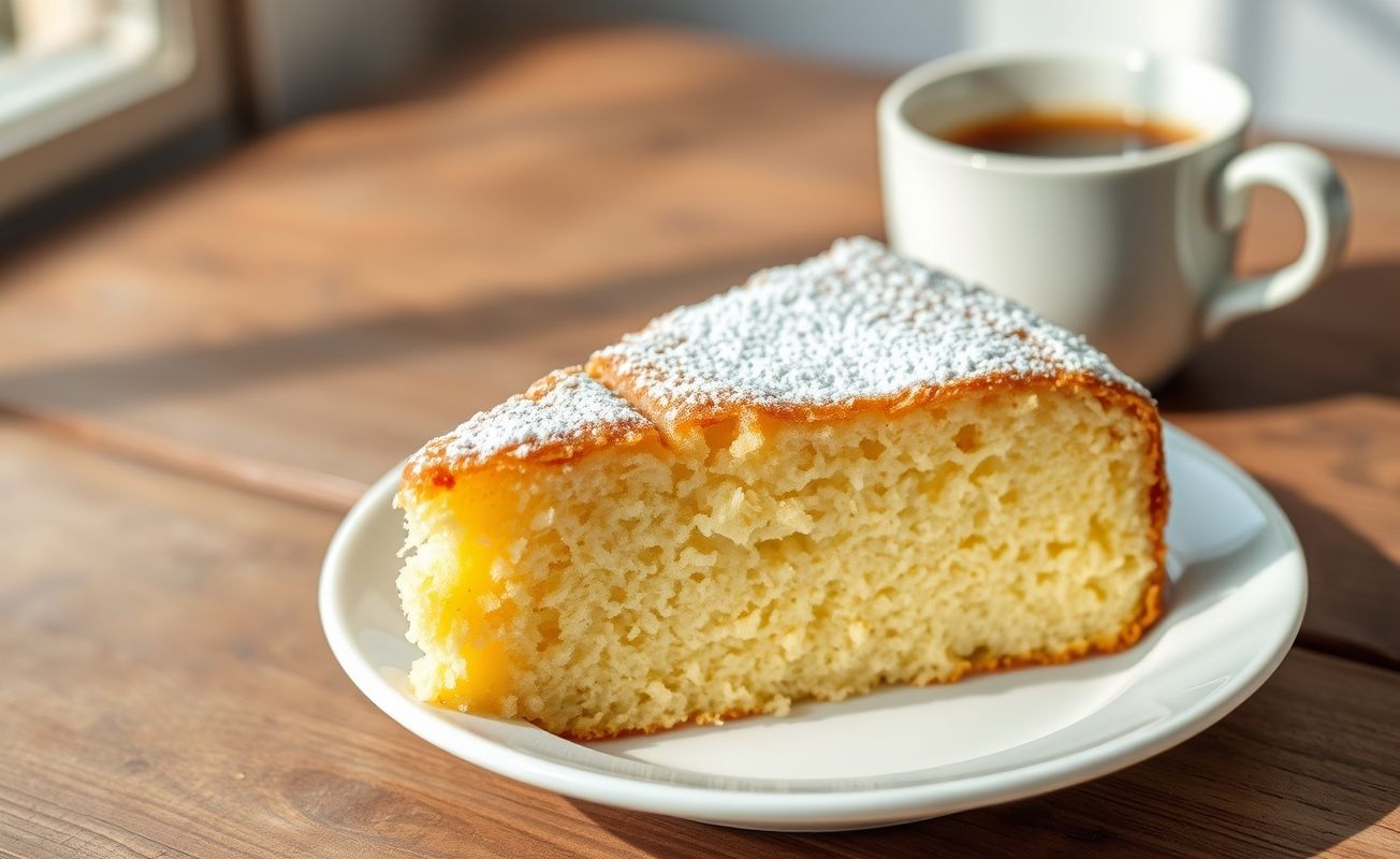Fatia de bolo de 3 ingredientes tudo gostoso dourado e macio, polvilhado com açúcar, servido em prato branco sobre mesa rústica