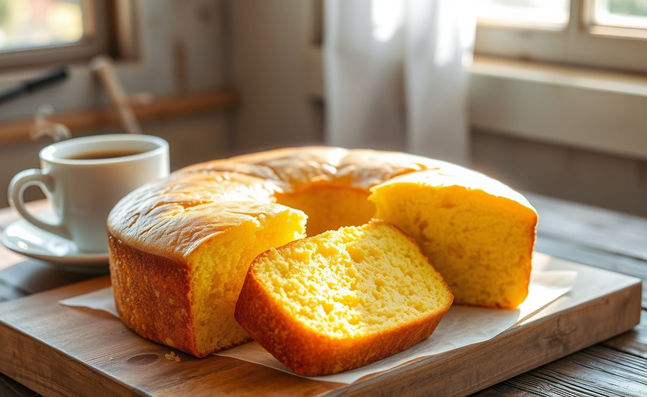 Bolo De Fubá Sem Farinha Trigo dourado e fofo em fatias, servido com café em fundo rústico