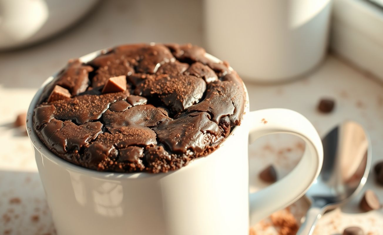 Brownie fit 3 ingredientes microondas servido quente em uma xícara branca, com textura úmida e pedacinhos de chocolate derretido visíveis