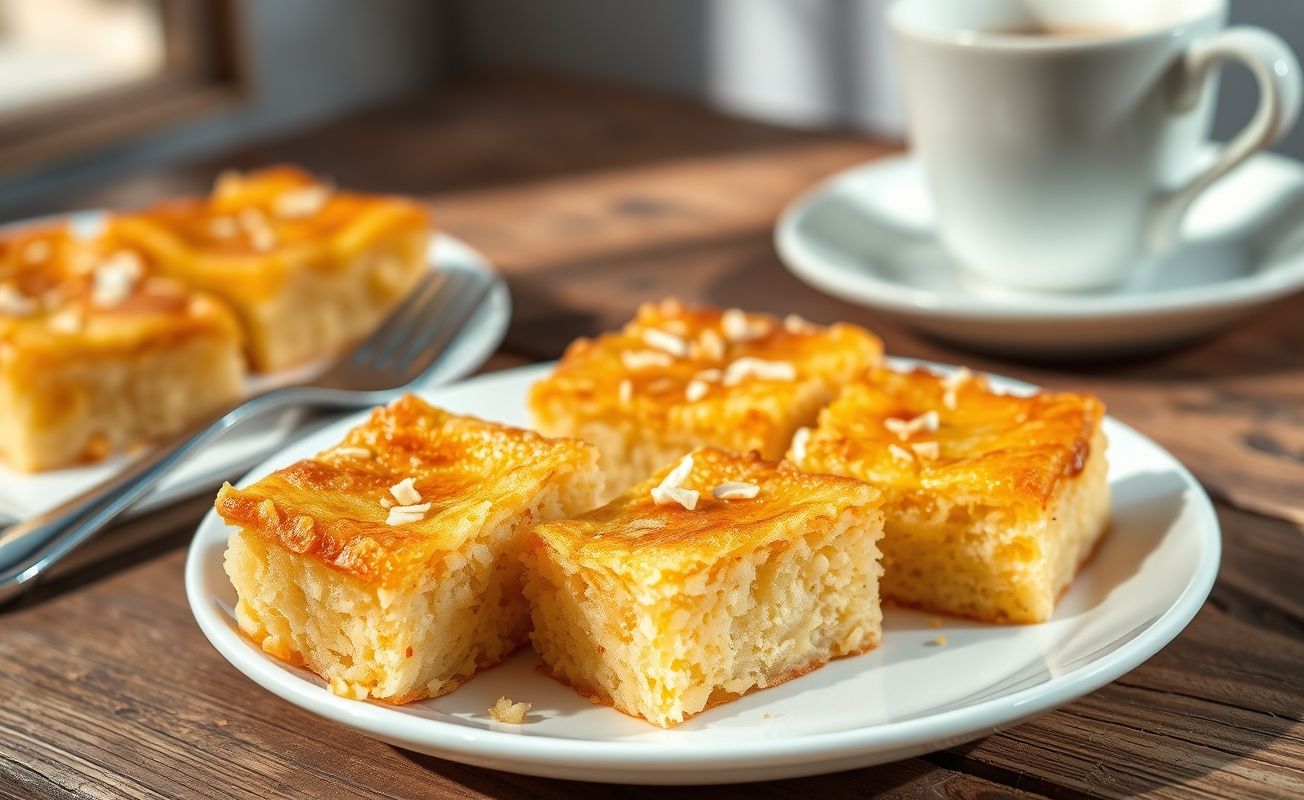 Cocada De Forno Com 3 Ingredientes dourada e crocante, cortada em quadrados sobre prato branco