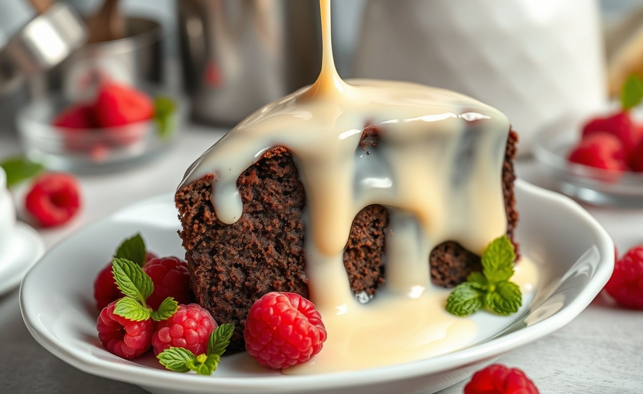 Glace de leite condensado com 3 ingredientes derramando sobre fatia de bolo de chocolate, com textura lisa e brilhante, decorada com framboesas
