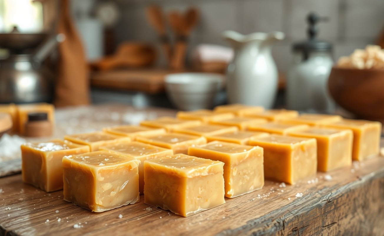 Rapadura de leite com 3 ingredientes caseira, quadradinhos dourados e brilhantes dispostos sobre tábua de madeira rústica