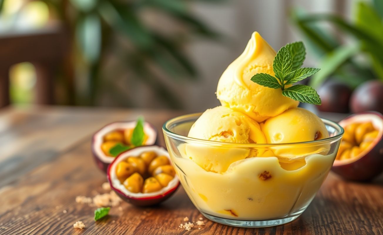 Sorvete de maracujá com 3 ingredientes cremoso em tigela, decorado com polpa de maracujá fresca e folhas de hortelã